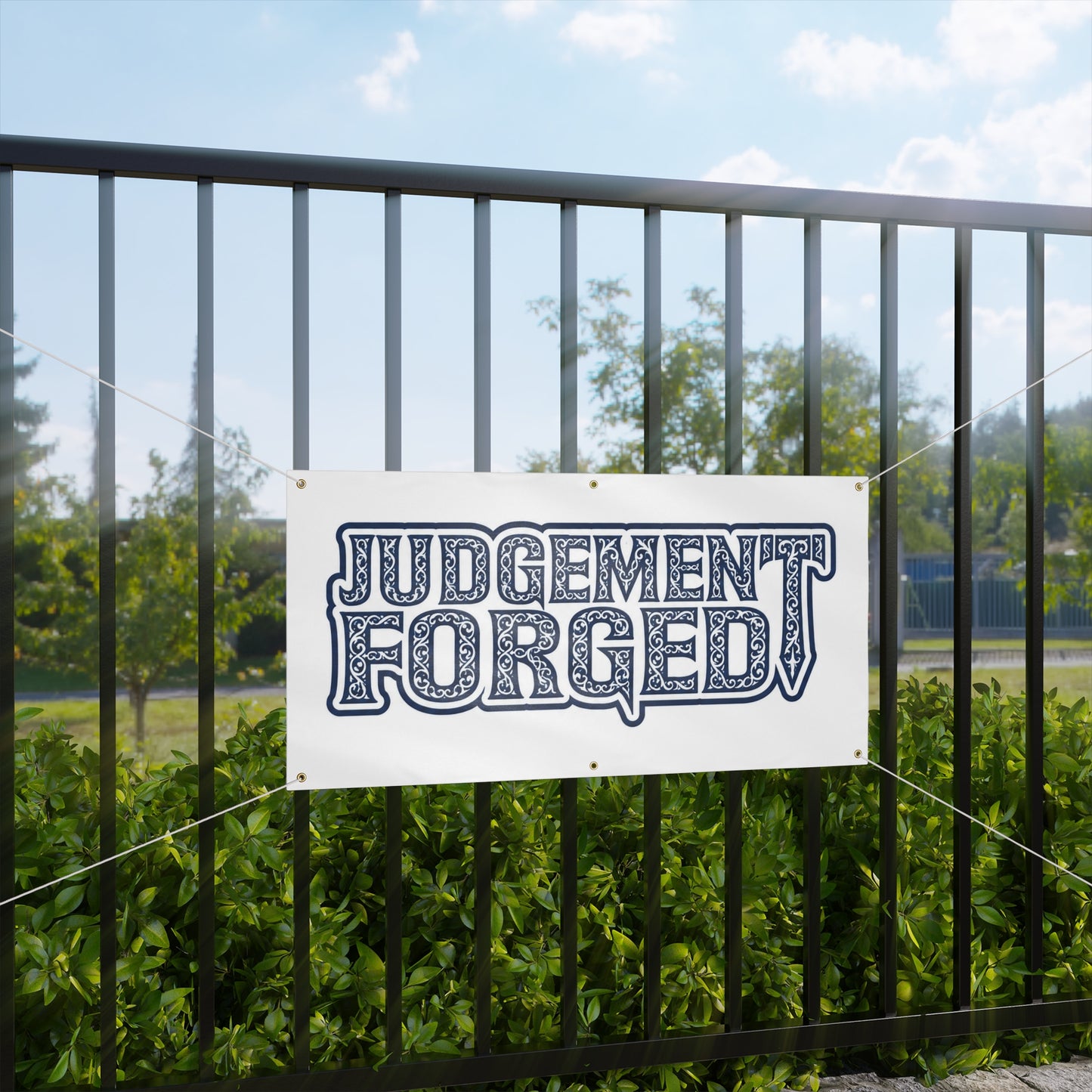 Matte Banner — "JUDGEMENT FORGED" Bold Retro Logo Outdoor Banner