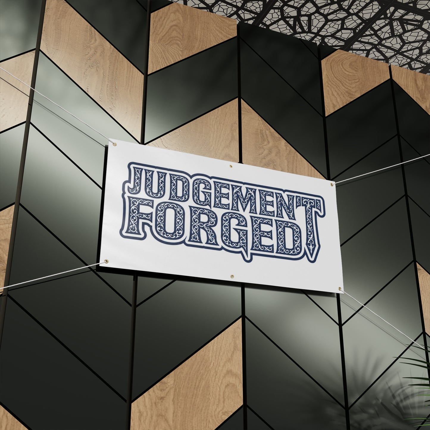 Matte Banner — "JUDGEMENT FORGED" Bold Retro Logo Outdoor Banner