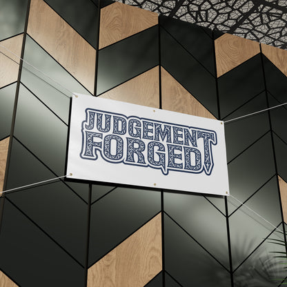 Matte Banner — "JUDGEMENT FORGED" Bold Retro Logo Outdoor Banner