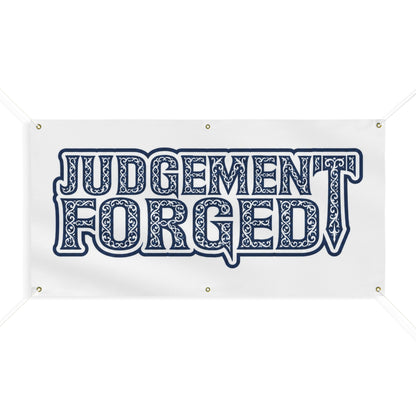 Matte Banner — "JUDGEMENT FORGED" Bold Retro Logo Outdoor Banner