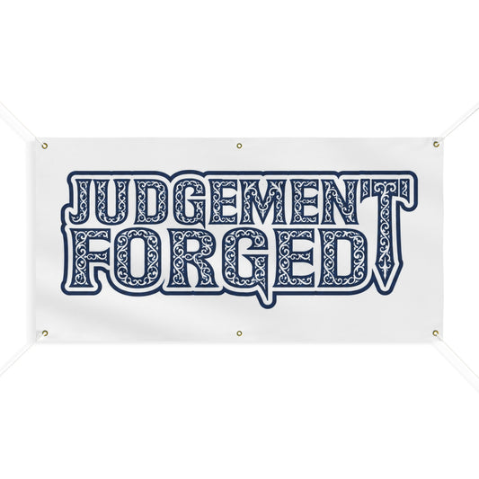 Matte Banner — "JUDGEMENT FORGED" Bold Retro Logo Outdoor Banner